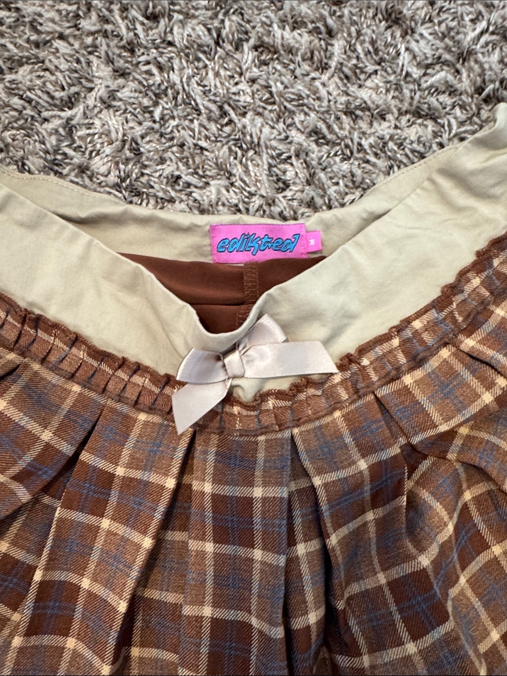 Edikted Brown Plaid Mini Skirt with Cream Waistband - Picture 2 of 5